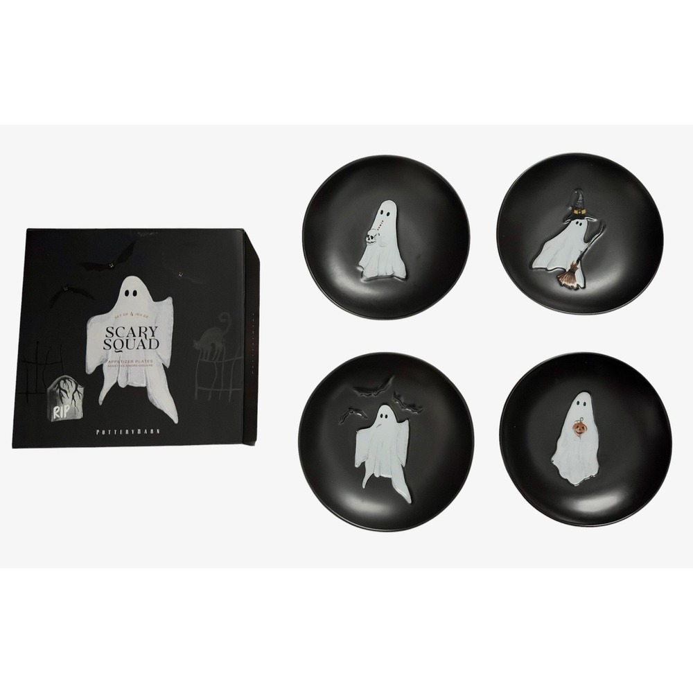 Pottery‎ Barn Scary Squad Halloween Ghost Appetizer Plates Set of 4 Ceramic